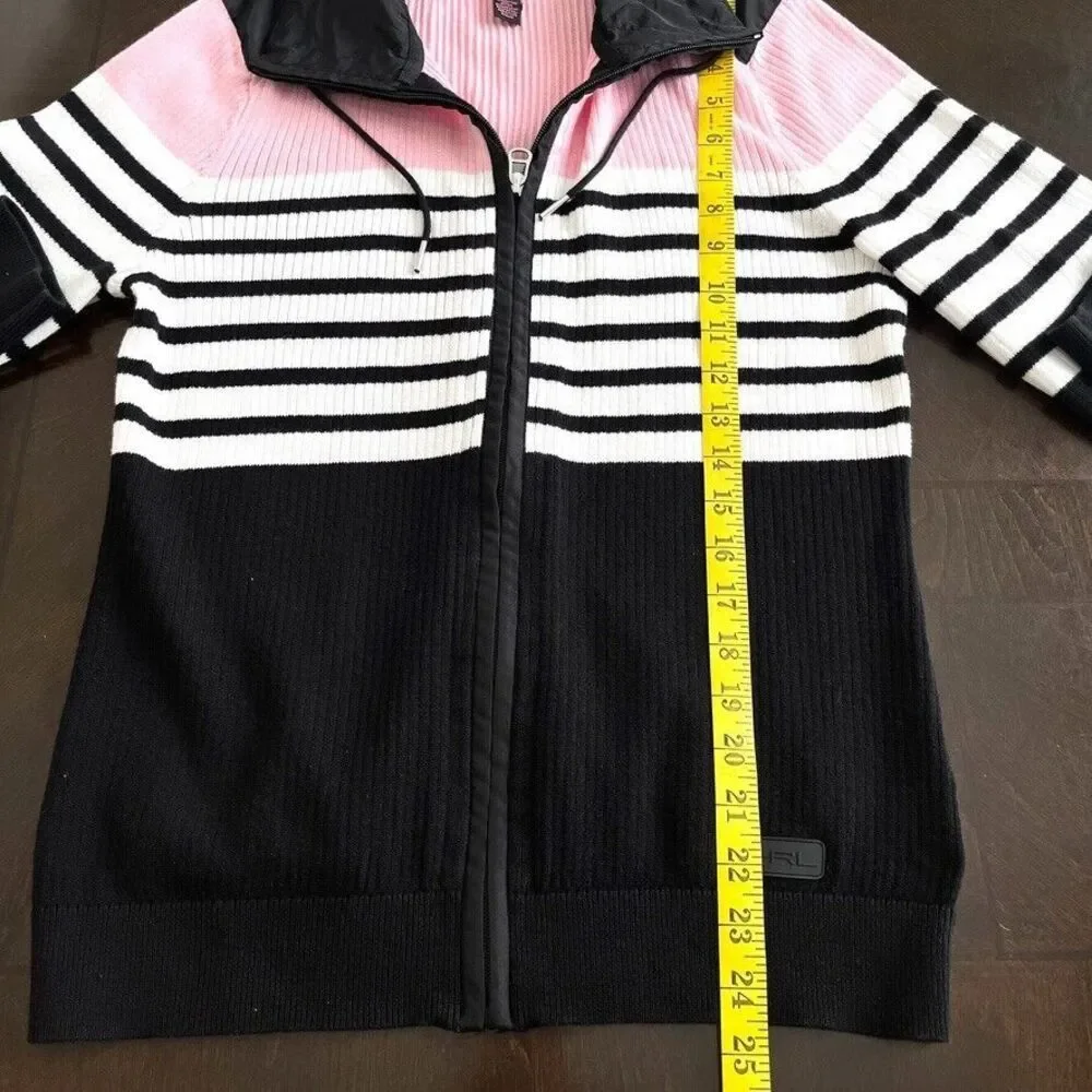 Lauren Ralph Lauren Zip Up Sweater Jacket Sz L Pink Black White Striped Cotton